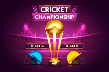 Cricket championship league concept with 2 teams match poster or banner, cricket helmet with winning cup trophy.