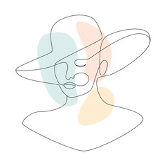 Poster - Woman in hat Continuous one line art. Vector Minimalistic portrait of female with abstract pastel shape for a logo, emblem or web banner. Black and white illustration