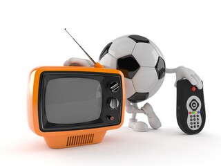 Canvas Print - Soccer ball character with tv set and remote