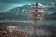 action speaks louder text quote engraved on wooden signpost outdoors in landscape looking polluted and apocalyptic.
