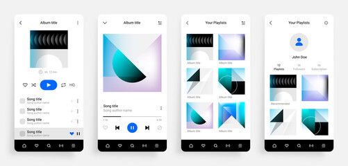 Aufkleber - Music player app. Mobile multimedia application interface with musical album, song playlist and social network page. Realistic smartphone UI mockup with buttons for playing tunes. Vector touchscreen