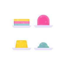 Collection Of Icons And Illustrations Of Jelly, Or Pudding. Jelly In Red, Green, And Yellow. Strawberry, Orange, And Melon Flavored Jelly. Flat Style. Food Vector Design