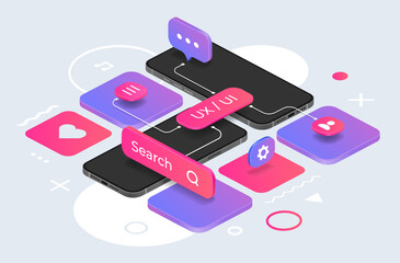 Aufkleber - Isometric phone mockup. UX design concept. Comfortable mobile interface for online information search, web communication and device settings. Vector smartphones screens and abstract geometric shapes