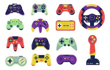 Poster - Joysticks. Cartoon controllers for console video gaming. Colorful gamepads control character and transport or aircraft. Isolated wireless devices with buttons. Vector gadgets set for playing games