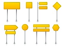 Road Yellow Sign. Realistic Highway Signage On Pole. 3D Metal Roadside Pointers. Isolated Types Of Blank Signposts. Street Guideposts Set For Regulation Of Traffic. Vector Signboards With Copy Space