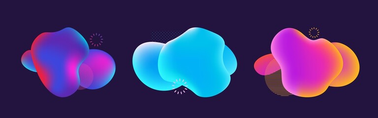 Poster - Modern fluid dynamic blobs bubble. Gradient colorful liquid free minimal geometrical shape. Trendy blotch design, decorative aqua bubble with copy space collection, vector isolated backgrounds set