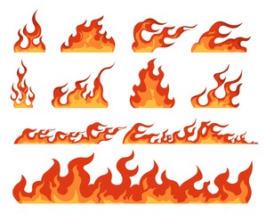 fire flame. cartoon bonfire and fiery borders decorative elements. isolated bright red and orange bl