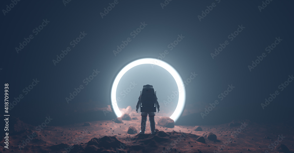Astronaut on foreign planet in front of spacetime portal light - obrazy, fototapety, plakaty 