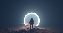 Astronaut On Foreign Planet In Front Of Spacetime Portal Light