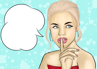  Cartoon girl quiet silence Finder on her mouth with bubble speech