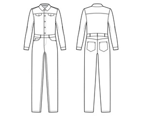 Denim overall jumpsuit Dungaree technical fashion illustration with full length, button closure, long sleeves, normal waist, pockets. Flat front back, white color style. Women, men unisex CAD mockup
