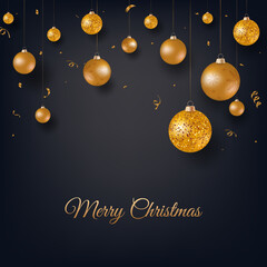 Wall Mural - Merry Christmas black background with gold Christmas balls