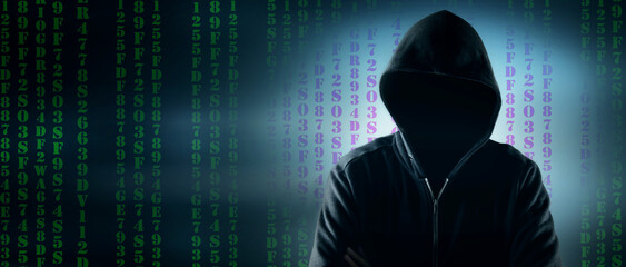Wall Mural - Cybersecurity, computer hacker with hoodie