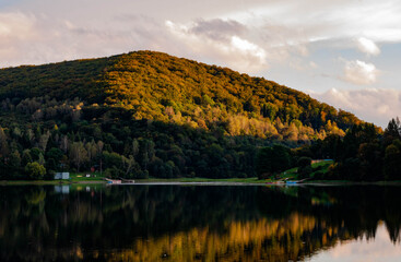 landscape, sky, lake, mountain, nature, sunset, sunrise, water, forest, clouds, river, mountains, cloud, sun, fog, tree, blue, panorama, morning, hill, valley, green, view, grass, trees green sun vall