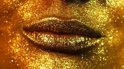 Wall Mural - fashion model golden makeup woman kiss lips in bright sparkles, golden lights, beautiful girl lips, 