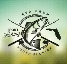 Vintage Red Drum Fish Emblems. Sciaenops Ocellatus Labels. Vector Illustration.
