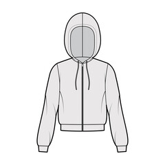 Zip-up Hoody sweatshirt technical fashion illustration with long sleeves, relax body, knit rib cuff, banded hem, drawstring. Flat apparel template front, grey color. Women, men, unisex CAD mockup