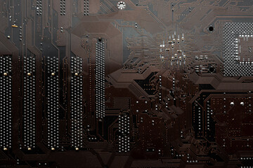 Computer electronic microcircuit, motherboard, tracks. Computer security, technology, neural networks.