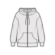 © Vectoressa - Zip-up Hoody sweatshirt technical fashion illustration with long sleeves, oversized body, kangaroo pouch, banded hem. Flat extra large apparel template front, grey color. Women, men, unisex CAD mockup