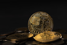 Cryptocurrency Golden Bitcoin Coin On Thai Bath Coin, Electronic Virtual Money For Web Banking