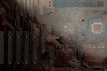 Computer electronic microcircuit, motherboard, tracks. Computer security, technology, neural networks.