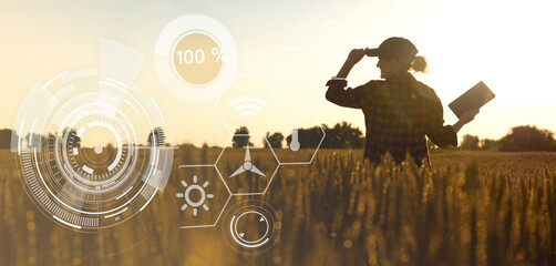 Wall Mural - Farmer in a wheat field at sunset. Wheat analysis infographics.