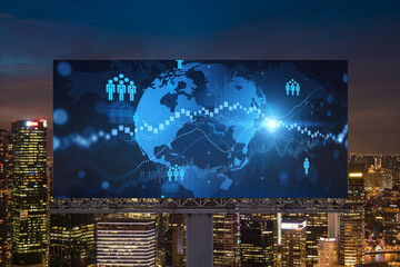 World planet Earth map hologram and social media icons on billboard over night panoramic city view of Singapore, Southeast Asia. Networking and establishing new connections between people. Globe