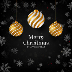Wall Mural - Vector illustration of merry christmas gold and black colors place for text, gold christmas balls, golden glitter baubles and confetti