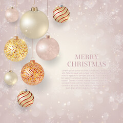 Wall Mural - Christmas background with light Christmas baubles. Elegant Christmas background with gold and white evening balls