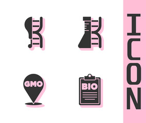 Set Document for bio healthy food, Genetically modified chicken, GMO and DNA research, search icon. Vector.