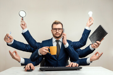 businessman with many hands in a suit. works simultaneously with several objects, a mug, a magnifyin