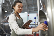 Portrait Of Young African-American Woman Operating Brewing Equipment At Beer Making Factory And Using Digital Tablet, Copy Space