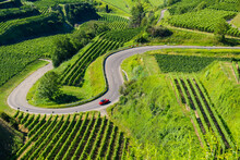 Beautiful Vineyard Landscape Showing A Red Car Driving Up A Curvy Mountain Pass Road At The Kaiserstuhl, Germany. 