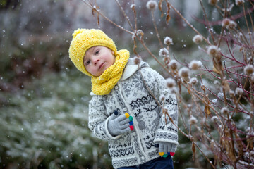 Sticker - Beautiful blond toddler child, boy, with handmade knitted sweater playing in the park with first snow