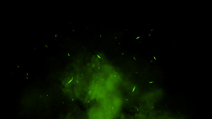 Wall Mural - perfect green fire particles embers sparks on isolated black background . texture overlays. explosio