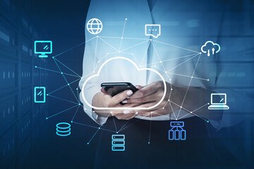 Businesswoman in white shirt holding smartphone in hands, double exposure of cloud service, internet connection icons. Concept of data storage and security server.