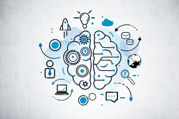 Wall Mural - creative brain icon, business sketch with network signs