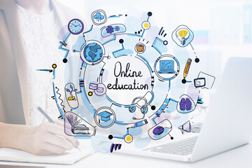 woman with laptop and colourful sketch with online education double exposure