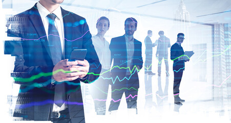 Poster - Businessman in formal suit checking stock market rates in smartphone. Hologram charts. Business and financial success concept. Double exposure. businesspeople on background