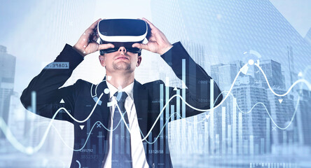 Poster - Man in virtual reality glasses and office building, double exposure