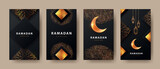 Fototapeta  - Ramadan Kareem modern design with geometric arabic gold pattern, sand, lanterns and bright crescent on black background.Template set of covers, gift cards, labeles, web banners, social media stories
