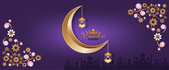 Banner Gold and Diamond Ramadan Kareem Vector for Wishing for Islamic festival.