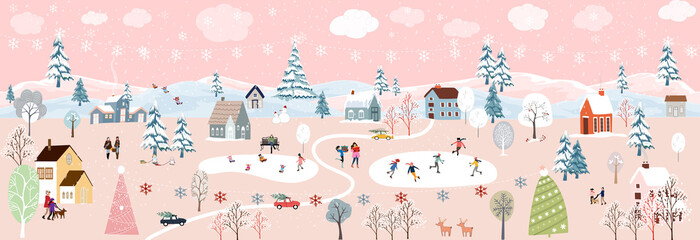 Wall Mural - Winter landscape at night with people having fun doing outdoor activities on new year,Vector city landscape on Christmas holidays with people celebration, kid playing ice skates, teenagers skiing