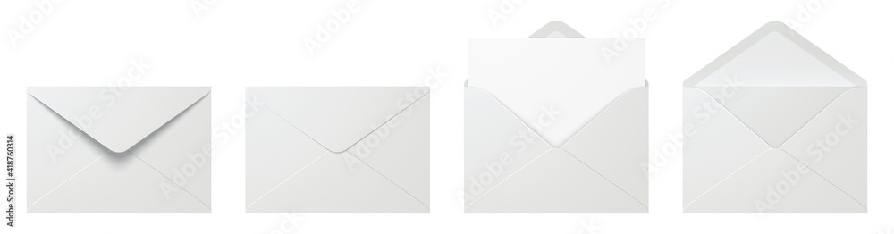Vector set of realistic white envelopes in different positions. Folded and unfolded envelope mockup isolated on a white background. - obrazy, fototapety, plakaty 