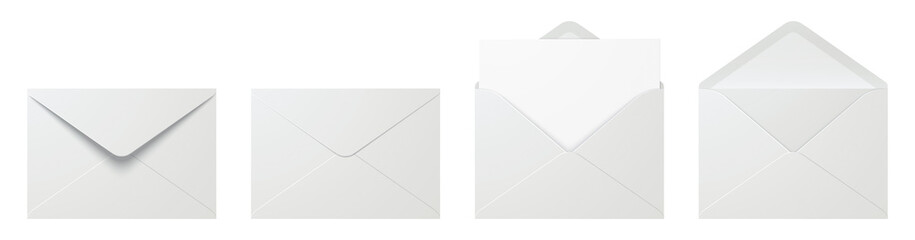 vector set of realistic white envelopes in different positions. folded and unfolded envelope mockup 