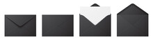 Vector Set Of Realistic Black Envelopes In Different Positions. Folded And Unfolded Envelope Mockup Isolated On A White Background.