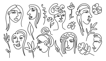 Woman portrait line art. Single line girls faces, abstract minimalist beautiful characters, hand drawn collection, vector outline set isolated on white background