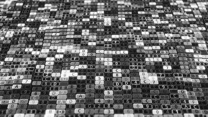 Poster - Animation with changing numbers and letters. Animation. Black and white cells with different values of numbers and letters. Multiple cells with changing values and symbols