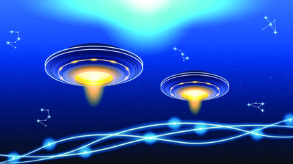  Abstract Flying Saucers In Dark Background Constellations Gradient Unidentified Flying Object Ufo Stars Glow Vector Design Style