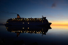 Passenger Ship (cruise Liner) Sailing In The Baltic Sea At Sunset, Panoramic View. Midnight Sun. Ferry Connection In Europe. Nautical Vessel, Travel Destinations, Cruise, Vacations, Voyage, Recreation